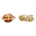 Gold Asymmetric Orange Persimmon Pearl Leaf Stud Earrings view 5