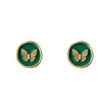 Gold Butterfly Round Enamel Stud Earrings Green Black Pair view 5