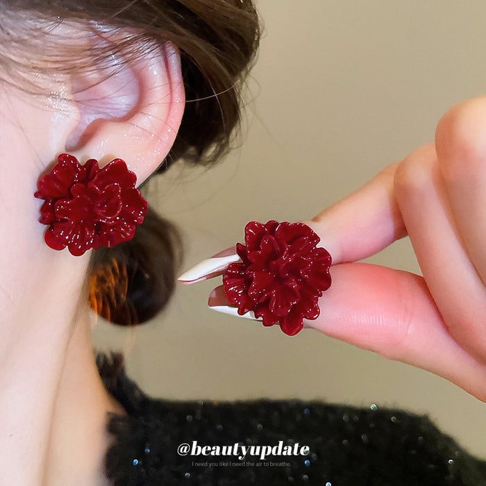 Deep Red Layered Fabric Flower Stud Earrings With Ruffled Petals