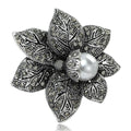Pearl Flower Leaf Brooch Vintage Rhinestone Metal Pin view 1