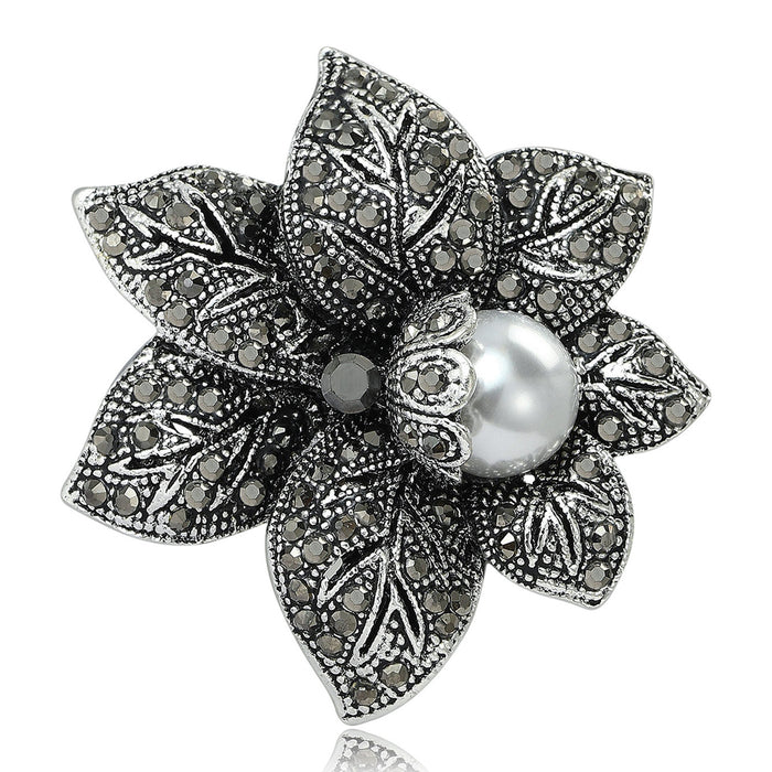 Pearl Flower Leaf Brooch Vintage Rhinestone Metal Pin