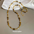 Tiger Eye Mixed Bead Gold Tone Chain Necklace Clear Accents view 2
