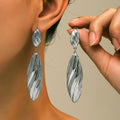 Long Brushed Stripe Leaf Drop Stud Earrings Gold Steel view 2