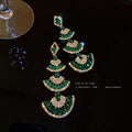 Green Four Tier Fan Crystal Dangle Statement Earrings view 3