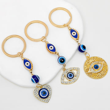 Rhinestone Evil Eye Beaded Chain Keychain Gold Tone