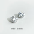 Silver Round Halo Crystal Stud Earrings Clear Center view 3