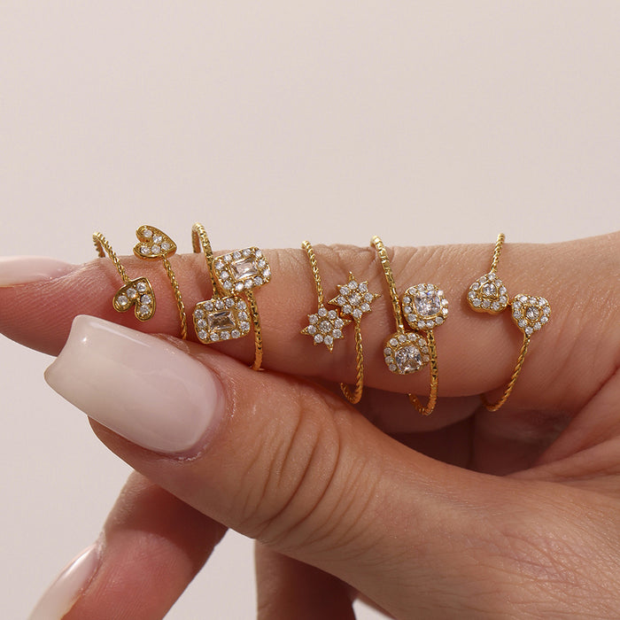 Stainless Steel Zircon Open Rings Heart Star Rectangle Designs