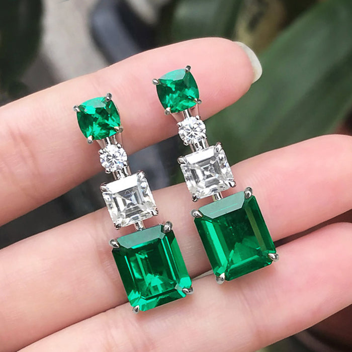 Three-Tier Rectangular Stone Long Earrings In Green Or Yellow