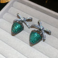 Green Crystal Strawberry Earrings with Silver Tone Bows view 6