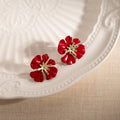 Red Enamel Look Flower Gold Tone Small Stud Earrings view 6