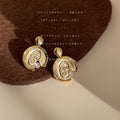 Gold Olive You Coin Stud Earrings Clear Stone Accents view 4