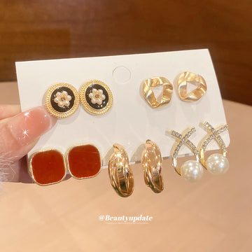 Gold Multi Pair Stud Earring Set Flower Pearl Hoop Cross