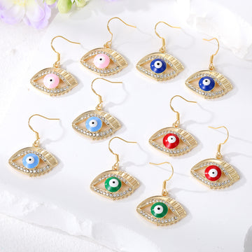 Gold Tone Crystal Halo Enamel Evil Eye Hook Earrings in Five Colors