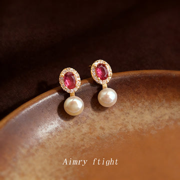 Gold Tone Pink Oval Stone And White Pearl Drop Stud Earrings