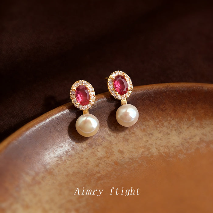 Gold Tone Pink Oval Stone And White Pearl Drop Stud Earrings