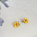 Yellow Enamel Flower Stud Earrings Purple Bud Leaf view 4