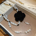 Layered Pearl Necklace with Black Fabric Flower Accent view 2