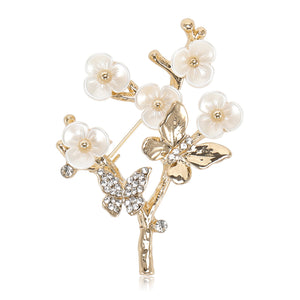 Butterfly Branch Brooch White Enamel Flowers Rhinestone Pin
