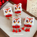 White Plush Lion Dance Duckbill Hair Clip Red Poms view 2