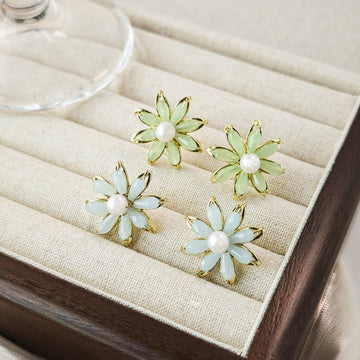 Green and Blue Petal Pearl Look Flower Stud Earrings