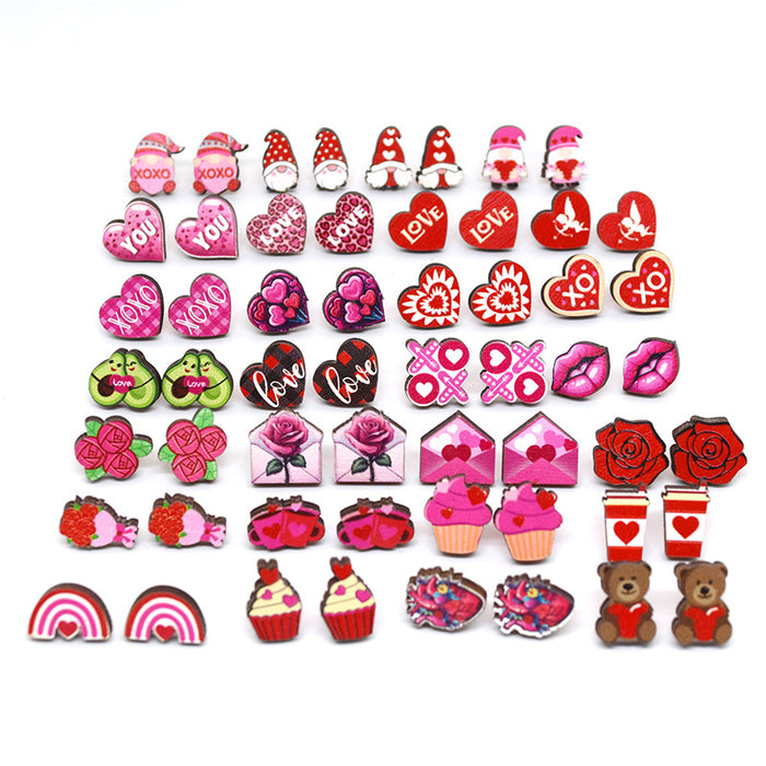 Valentine Wood Stud Earrings in Twenty Eight Illustrated Designs