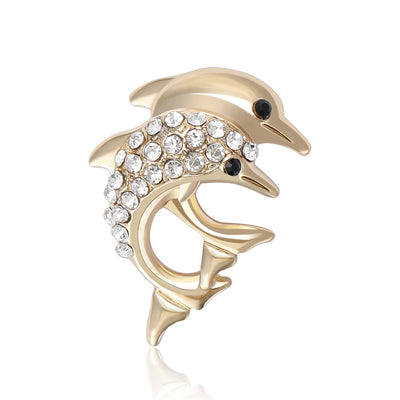 Gold dual dolphin brooch clear rhinestone pave front view