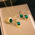 Green Rectangular Crystal Look Necklace Earring and Ring Set view 2