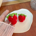 Hand Crocheted Red Strawberry Novelty Long Hook Earrings view 2
