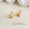Gold Textured Leaf White Pearl Accent Stud Earrings view 3