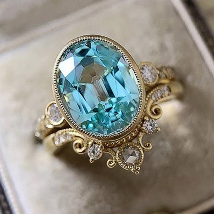 Gold Tone Aqua Oval Crystal Ornate Halo Ring Polished Metal Jewelry