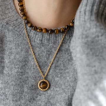 Gold Rope Chain Twisted Rim Tiger Eye Pendant Necklace