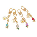 Rhinestone Tulip Flower Keychain With Bead Charm Chain view 5