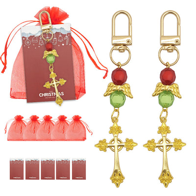 Gold cross red green bead angel keychains with red bags and Christmas cards