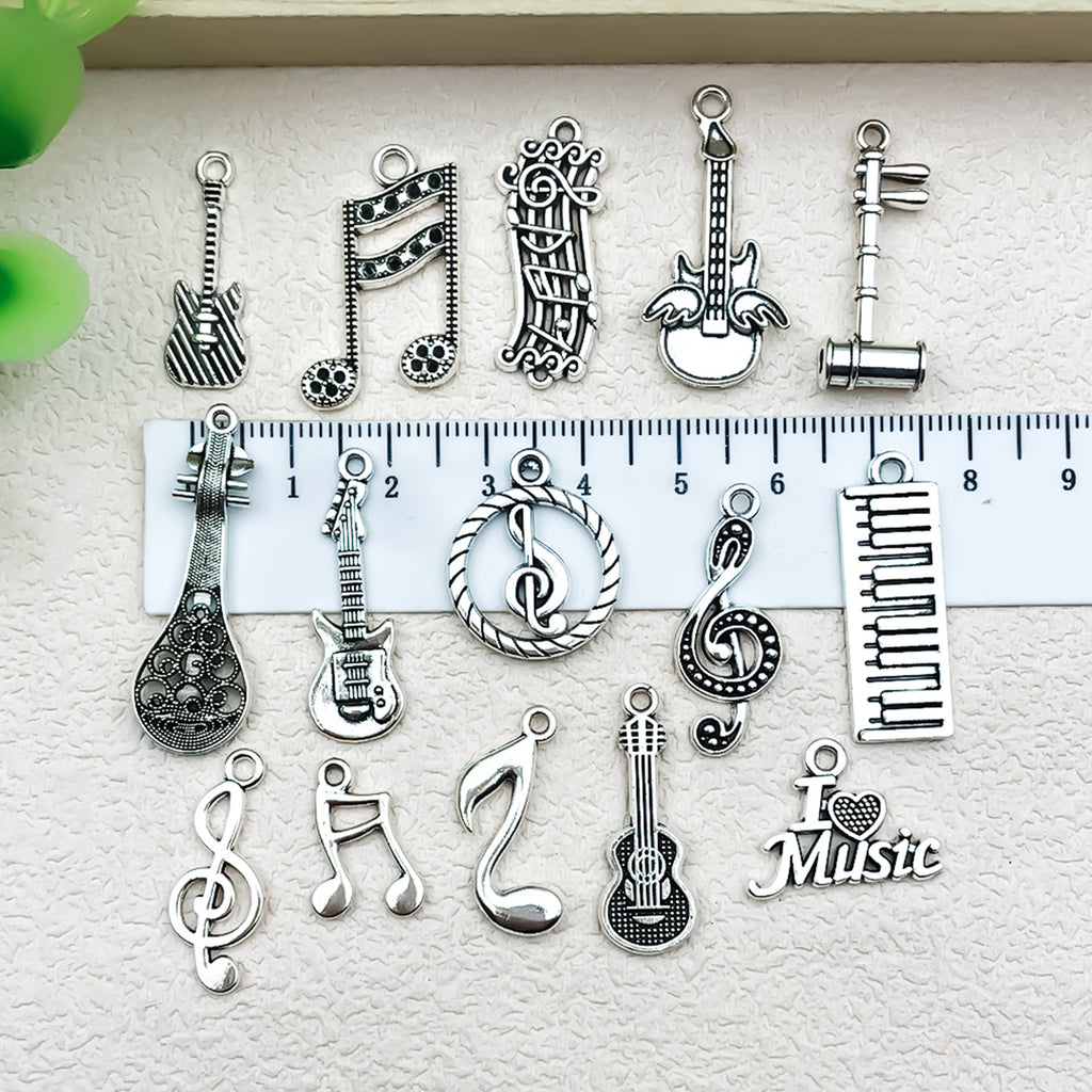 Antique Silver Zinc Alloy Music Note Guitar Charm Pendant for DIY Earring Necklace Making