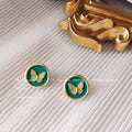 Gold Butterfly Round Enamel Stud Earrings Green Black Pair view 6
