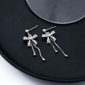 Silver Bow Double Chain Clear Look Dangle Earrings view 2