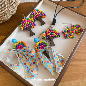 Colorful Bead Tree Necklace Earrings Ribbon Fan Styles