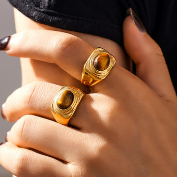 Oval Tiger Eye Signet Ring Gold Or Steel Tone Size 7
