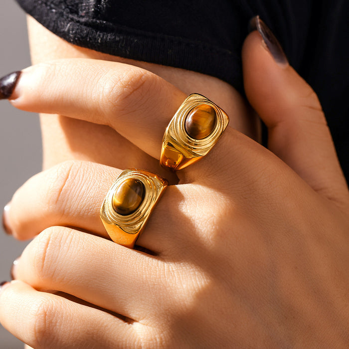 Oval Tiger Eye Signet Ring Gold Or Steel Tone Size 7