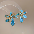 Blue Enamel Petal and Gold Bow Statement Stud Earrings view 6
