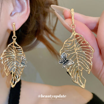 Gold Tone Butterfly and Openwork Leaf Drop Stud Earrings