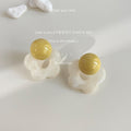 Yellow Round Top And White Marbled Open Flower Stud Earrings view 4