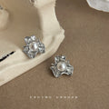 Silver Irregular Crumpled Flower Pearl Center Stud Earrings view 3