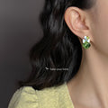 Gold Tone Aqua Flower Green Round Stone Drop Stud Earrings view 2