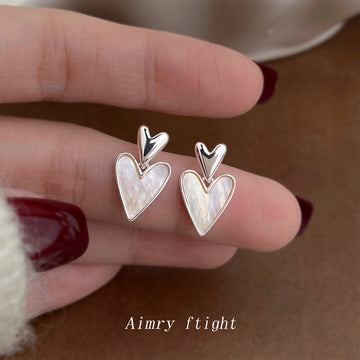 Silver-Tone Double Heart Stud Earrings with Iridescent White Inlays