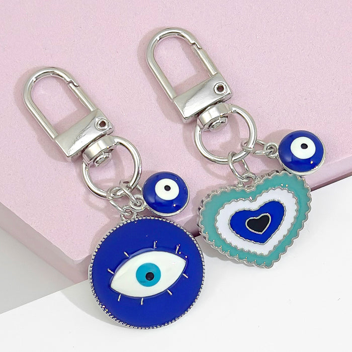 Enamel Evil Eye Keychain Cobalt Round Pendant With Blue Eye Bead
