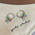 Silver Tone Star Moon and Color Bead Hoop Earrings view 4