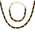 Black Leather Gold Chain Link Bracelet Necklace Mixed Metal Set view 5