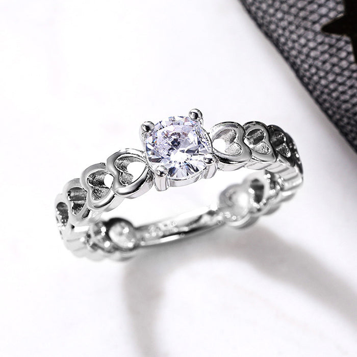 Silver Hollow Open Heart Band Clear CZ Solitaire Ring