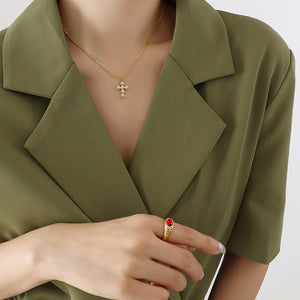 Gold Tone Faux Pearl Cross Pendant Necklace Cable Chain